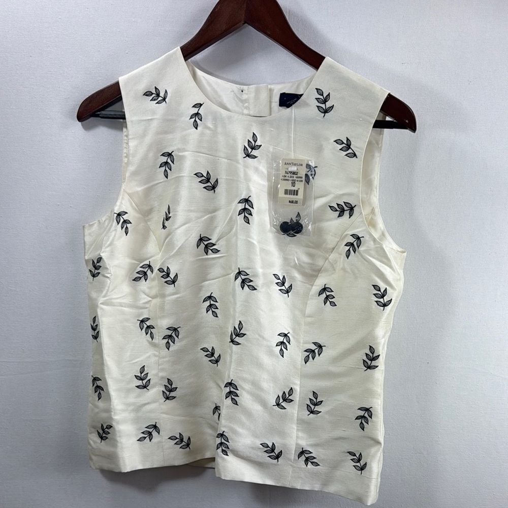 Ann Taylor Embroidered Silk Sleeveless Top- Cream/Black- Size 10- NWT